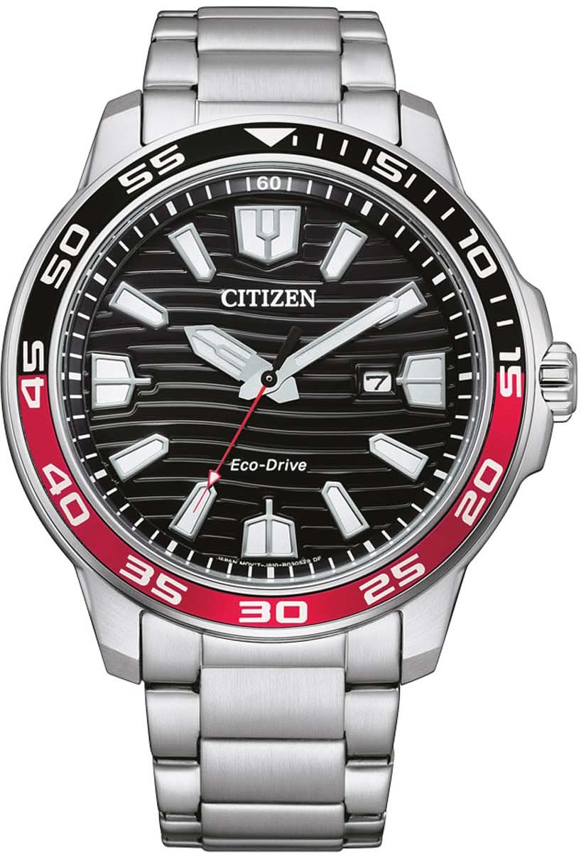 Reloj Citizen Eco-Drive de acero inoxidable con esfera negra y detalles rojos