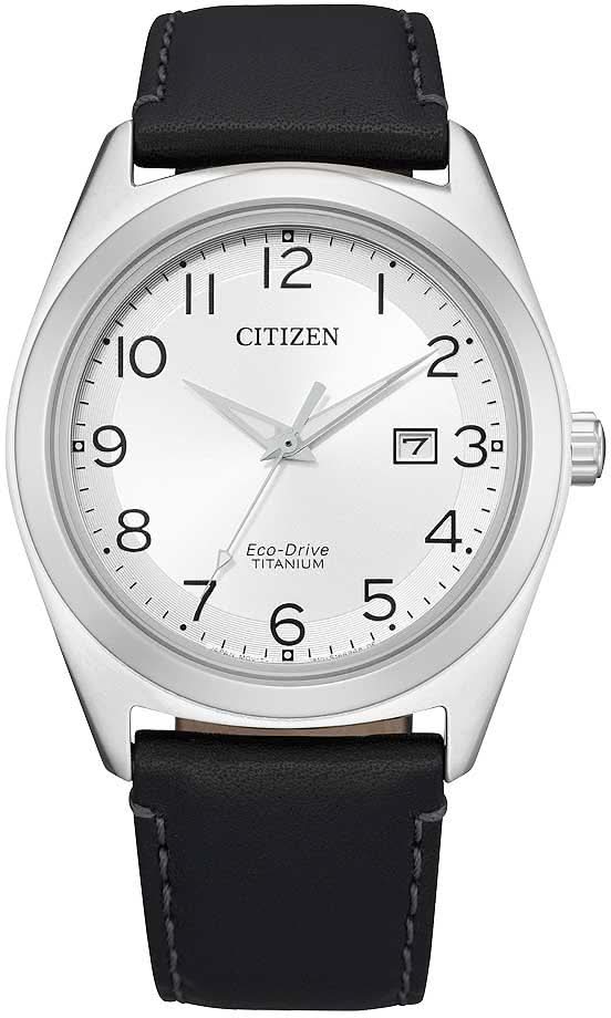 Pulsera: caja plateada, correa de cuero negra, esfera con CITIZEN