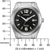Vista frontal de reloj Citizen para hombre: esfera negra, manecillas y ventana de fecha