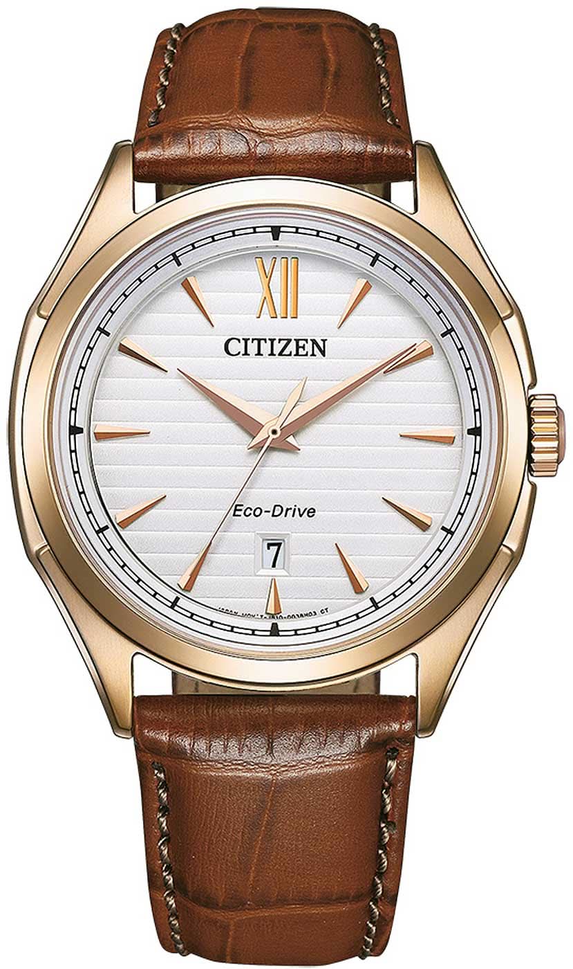 Reloj Citizen para hombre con correa de cuero marrón, esfera blanca y caja dorada