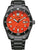 Citizen Promaster Herrenuhr mit orangefarbenem Zifferblatt, schwarzem Metallband und Lünette.