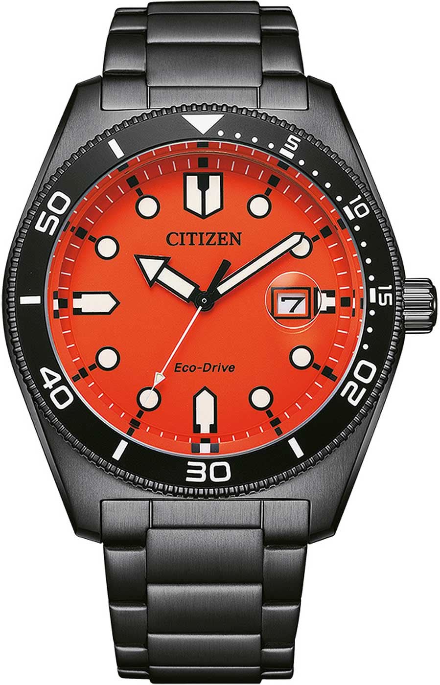 "Reloj Citizen Eco-Drive de cuarzo solar con esfera naranja y correa de acero inoxidable negra"