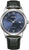 Reloj para hombre: esfera azul, correa de cuero negra, caja plateada
