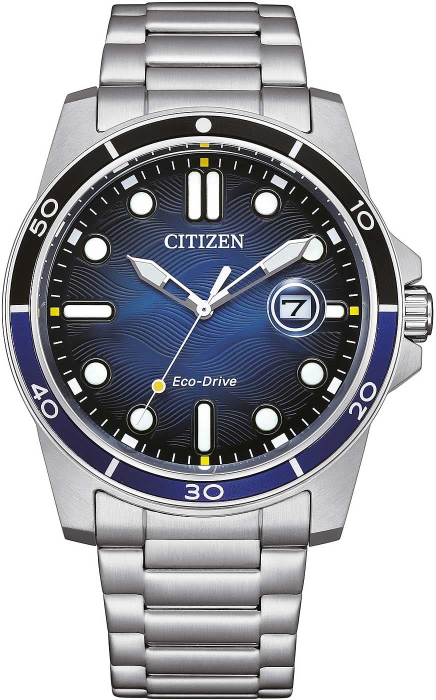 Pulsera de acero inoxidable para hombre Citizen con esfera azul y bisel negro