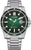 Pulsera de hombre con correa de metal plateado y esfera verde, indicador de fecha