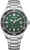 "Reloj de mujer con esfera verde, brazalete de metal plateado y bisel de buceo"