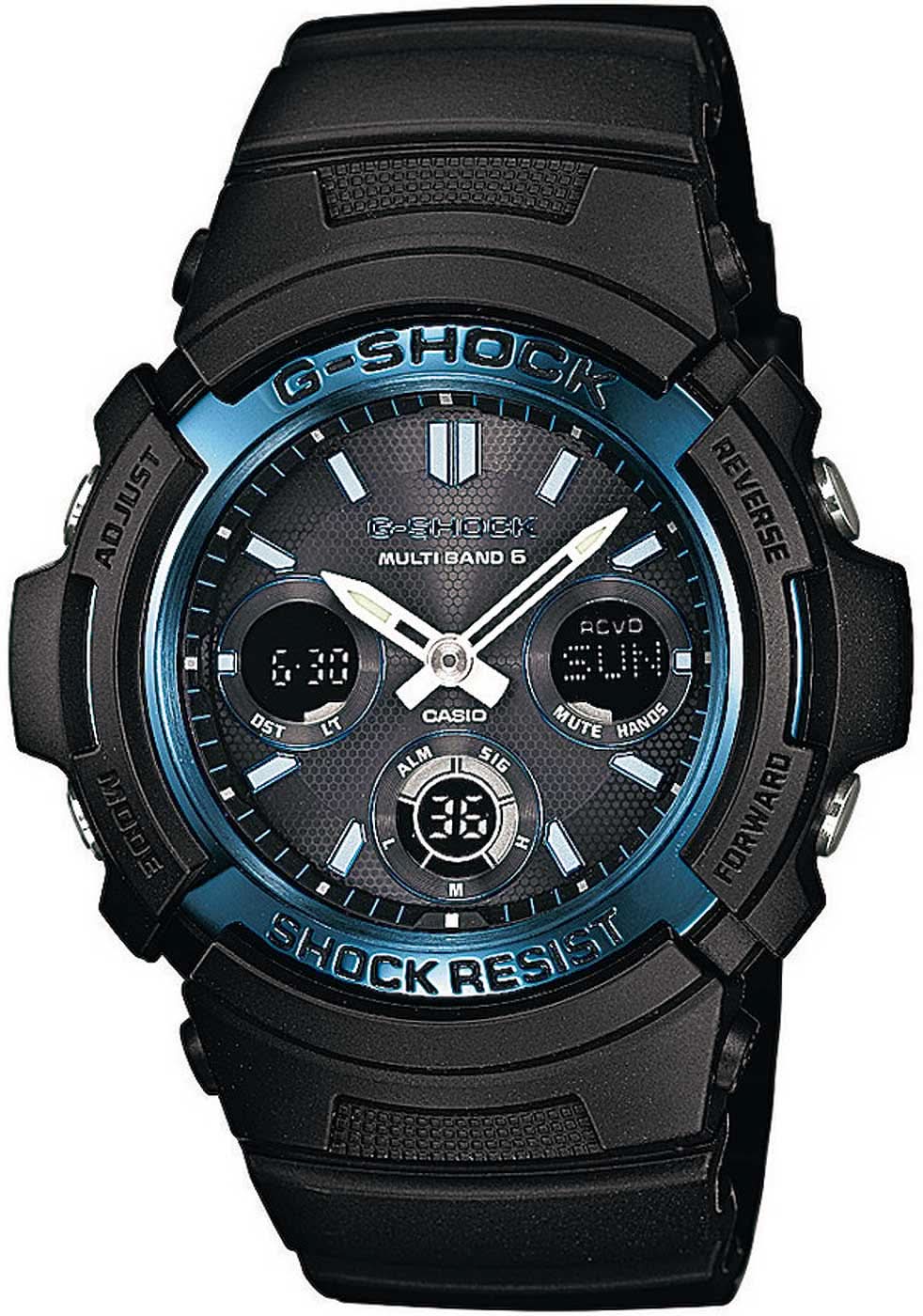 Pulsera de hombre con caja negra, correa negra y esfera con iluminación azul