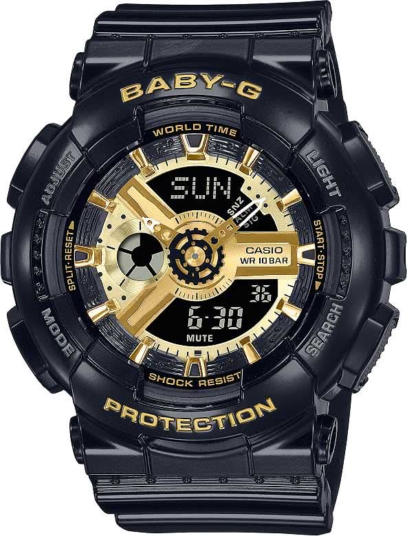 Reloj de mujer con correa de plástico negra, marcadores dorados y pantalla digital
