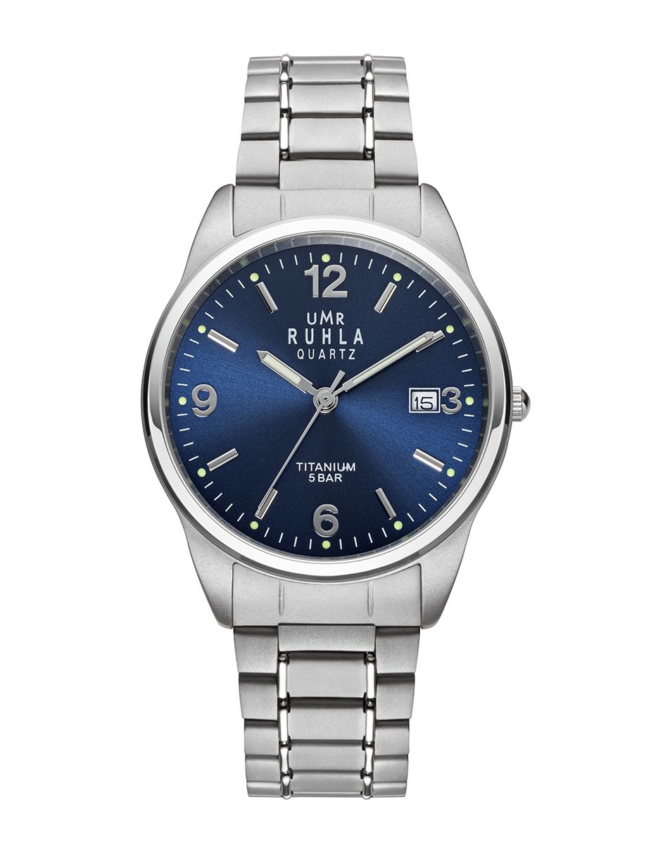 UMR Ruhla Basic 89000G13104 Herren Armbanduhr Blau • Titan-Gliederband • Seiko Quarzwerk mit Datum
