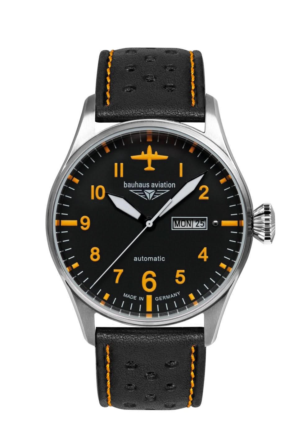 Reloj de hombre con esfera negra, manecillas naranjas y correa de cuero