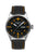 Reloj de hombre con esfera negra, manecillas naranjas y correa de cuero