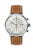 Reloj de hombre con correa de cuero marrón, esfera blanca y pulsadores de cronógrafo