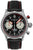 Reloj para hombre: correa de cuero negra, caja plateada, esfera negra con detalles en rojo.