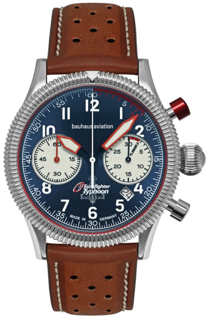 Reloj Bauhaus para hombre: correa de cuero marrón, esfera azul de cronógrafo