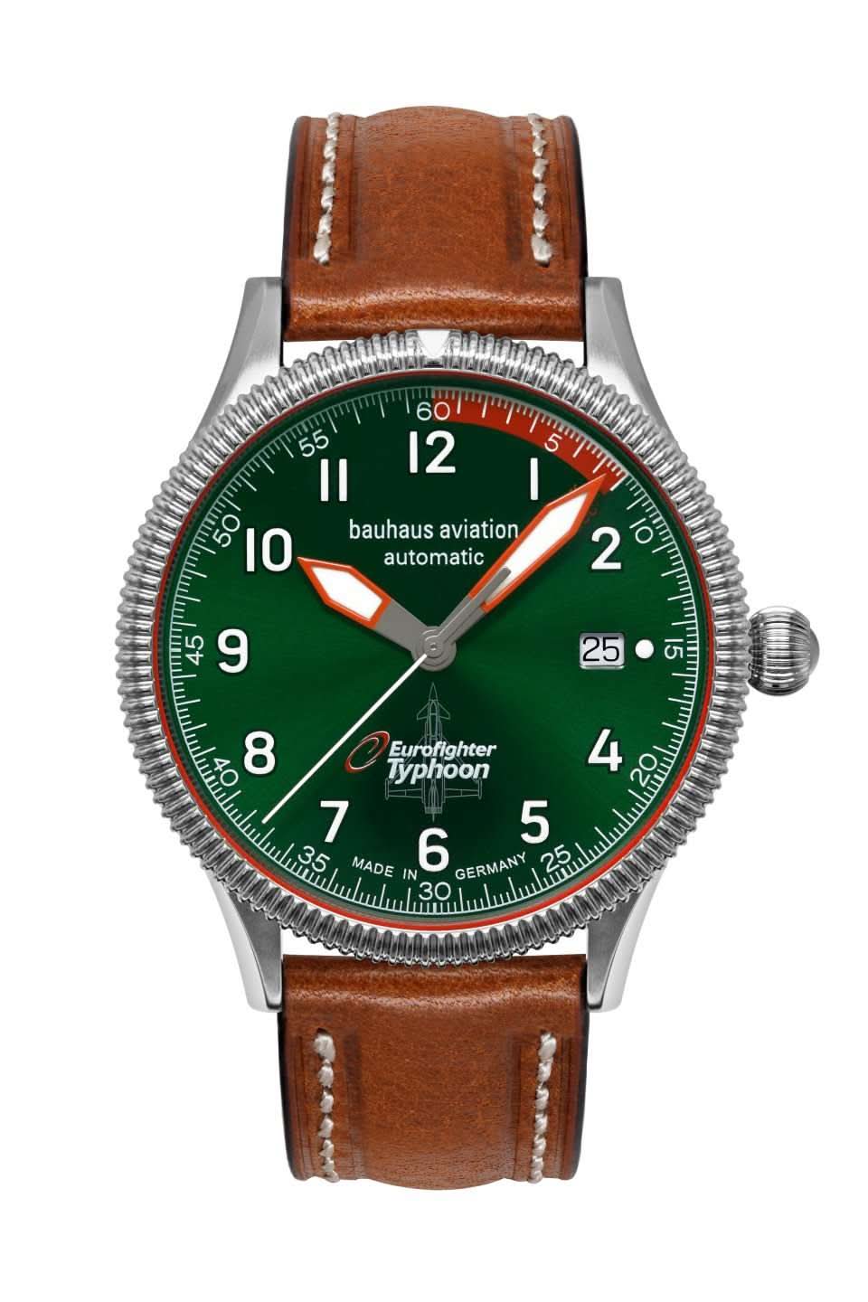 Reloj automático para hombre con esfera verde, correa de cuero marrón y corona visible