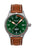 Reloj automático para hombre con esfera verde, correa de cuero marrón y corona visible