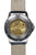 Vista trasera de reloj de pulsera para hombre con correa de cuero beige y movimiento visible en la caja