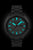 Reloj de hombre con correa negra, esfera oscura, fecha e índices turquesa