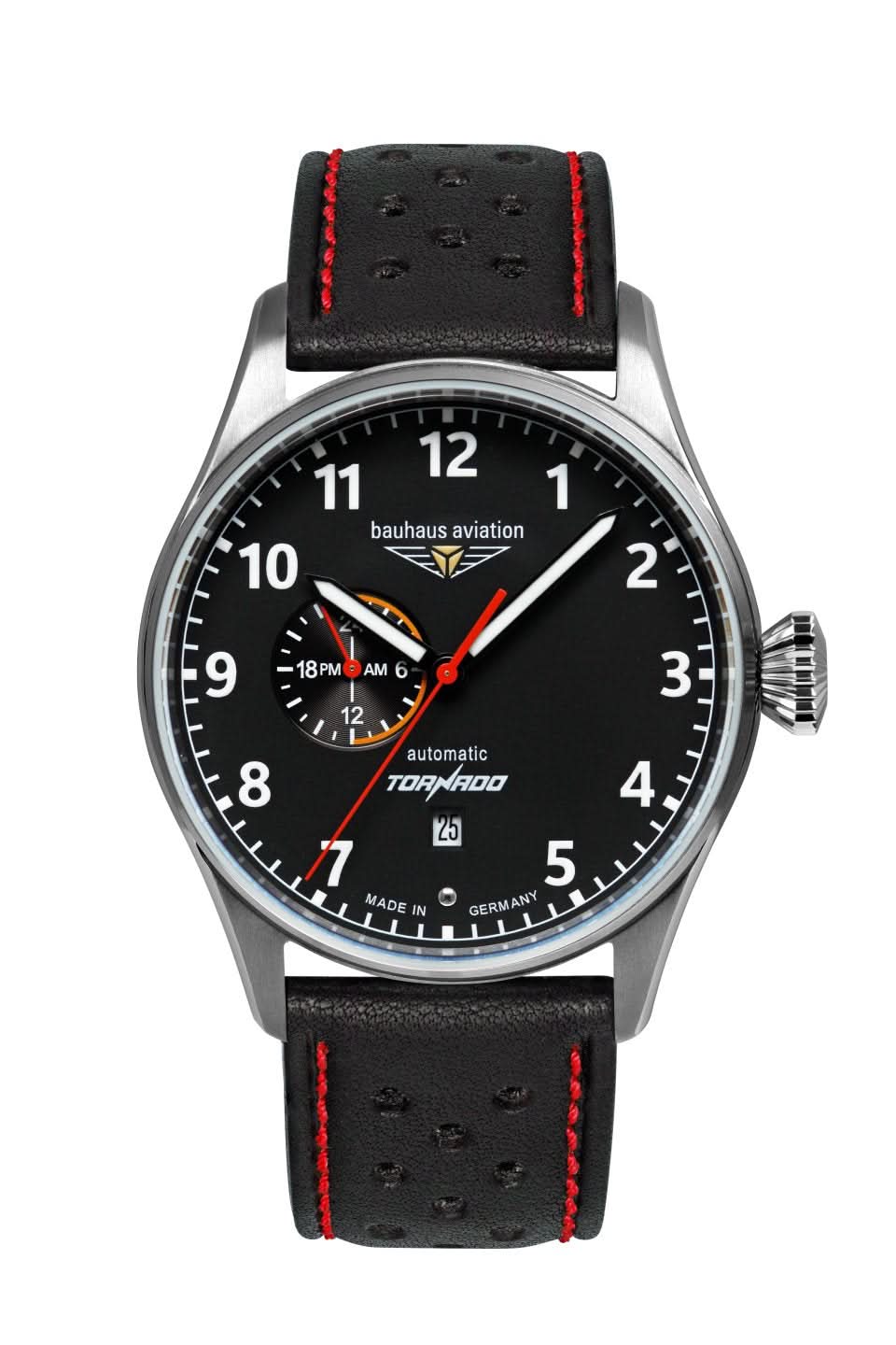 Reloj de hombre con correa de cuero negra, esfera negra, detalles rojos y marcadores blancos