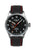 Reloj de hombre con correa de cuero negra, esfera negra, detalles rojos y marcadores blancos