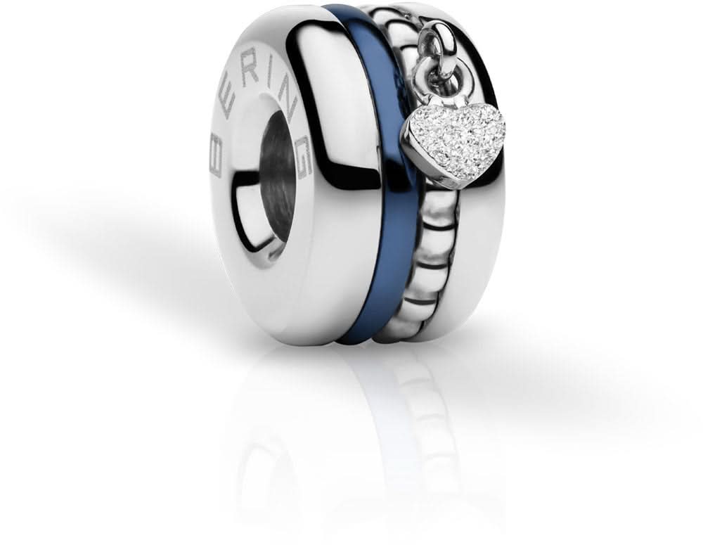 Charm de acero inoxidable con incrustación azul y colgante de corazón brillante en el anillo