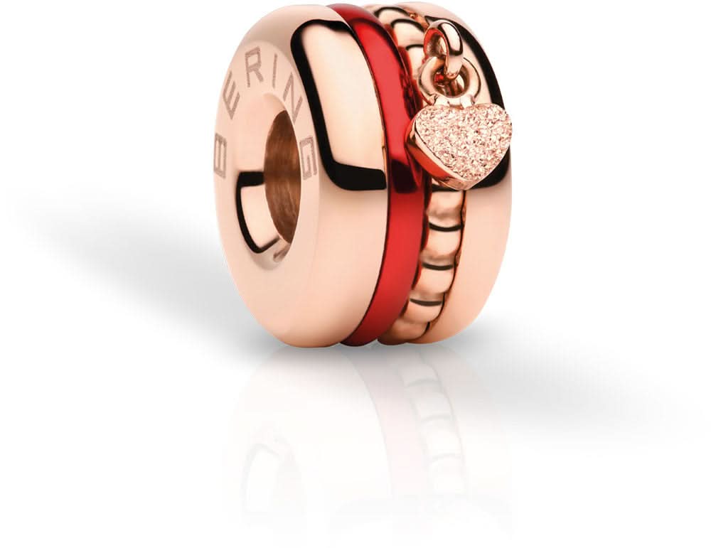 Charm de acero inoxidable con anilla en oro rosa, incrustación roja y colgante de piedra en forma de corazón