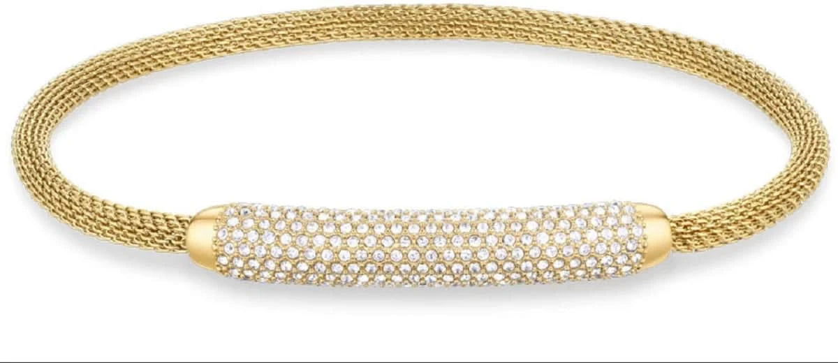 BERING Pulsera de acero inoxidable con malla y placa de cristal brillante, color dorado