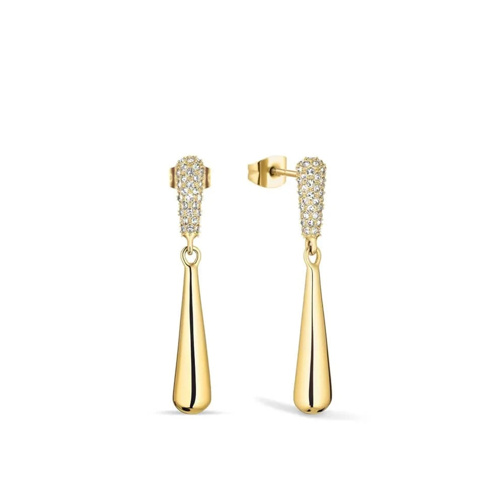 Pendientes dorados con pavé de circonita y colgante en forma de gota