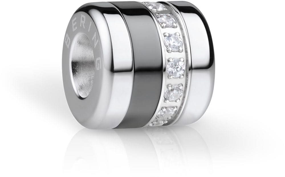 Abalorio de acero inoxidable con anillo de circonita, plateado y con inserción negra