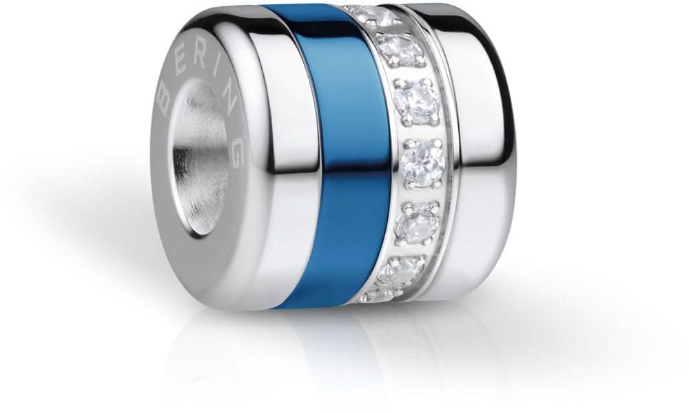 Charm de acero inoxidable con banda de esmalte azul y piedras pavé en el borde