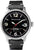 Reloj de hombre con esfera negra, logotipo de Messerschmitt y correa de cuero marrón