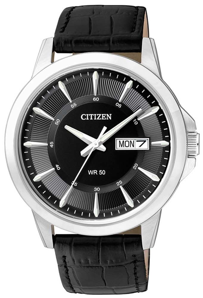 Reloj de hombre con esfera negra, caja plateada y correa de cuero negra