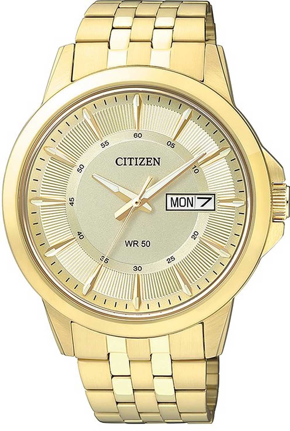 Reloj dorado para hombre con correa de metal, esfera gris claro y visualización de día y fecha