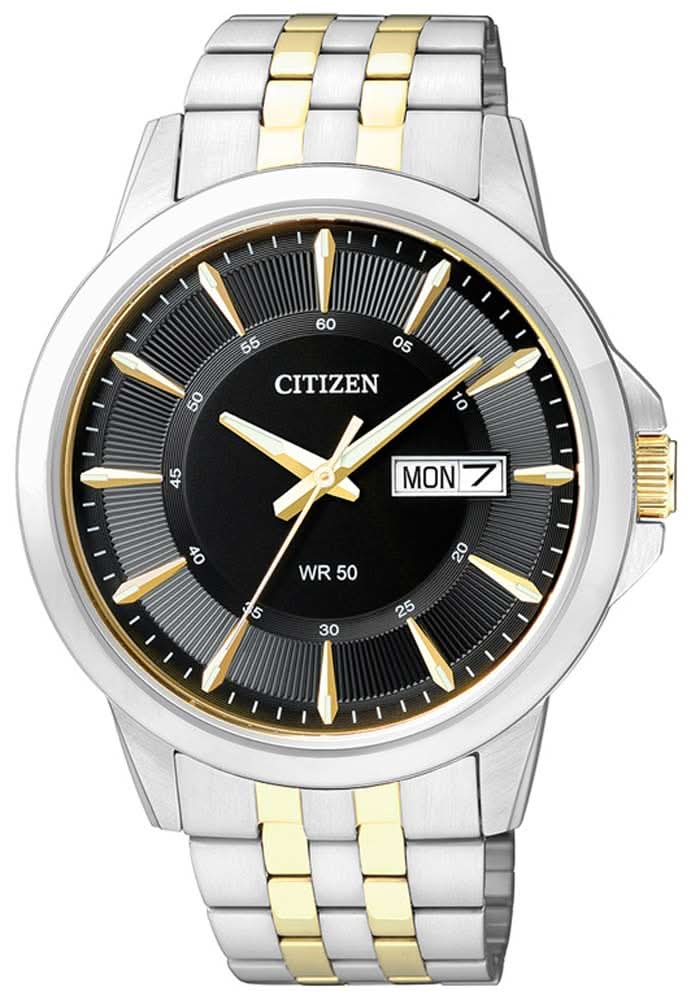 Pulsera de reloj bicolor para hombre con esfera negra, detalles dorados y visualización de fecha