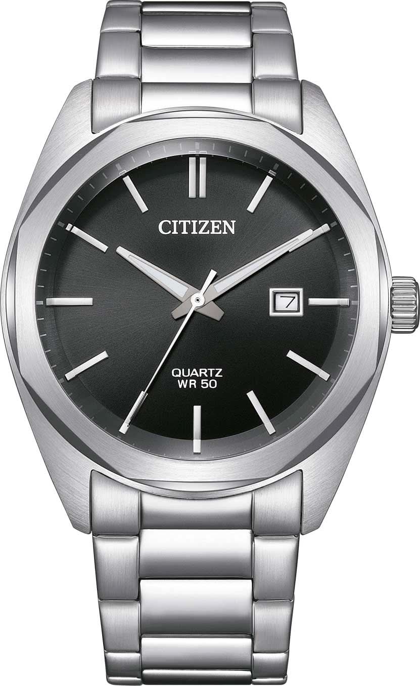 Reloj Citizen para hombre con correa de acero inoxidable, esfera negra y visualización de fecha