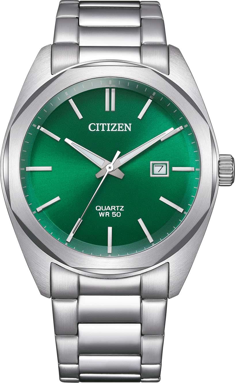 Reloj de hombre con esfera verde, logo CITIZEN, correa de acero inoxidable, manecillas y ventana de fecha