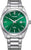 Reloj de hombre con esfera verde, logo CITIZEN, correa de acero inoxidable, manecillas y ventana de fecha