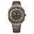 Herren-Armbanduhr mit schwarzem Armband, beigem Zifferblatt und goldfarbener Lünette