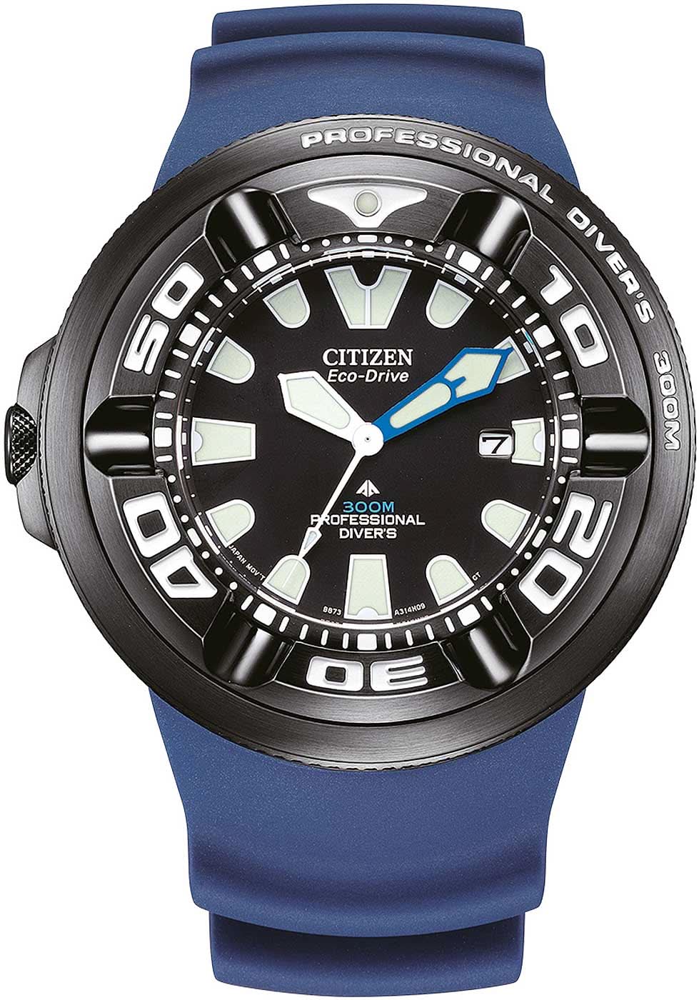 Reloj de buceo Citizen para hombre con correa de silicona azul, esfera y bisel negros
