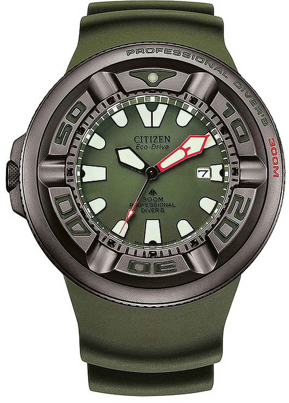 Reloj de hombre con esfera verde, manecilla roja y correa de caucho verde