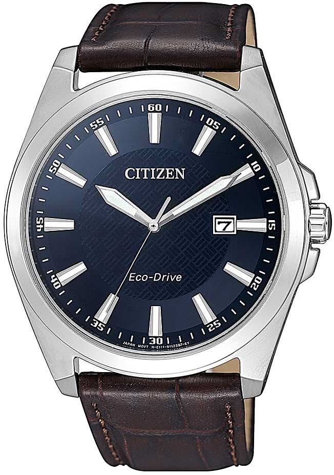 Reloj de hombre: esfera azul oscuro, correa de cuero marrón, Citizen