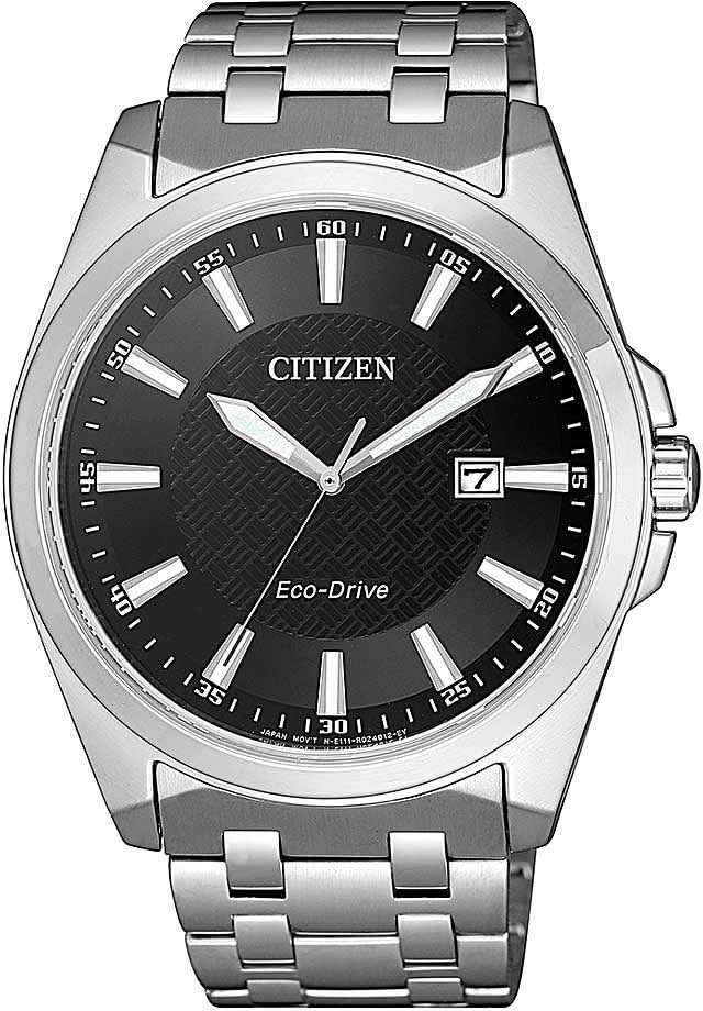 Reloj de pulsera de acero con esfera negra, logo CITIZEN, Eco-Drive y ventana de fecha