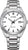 Reloj de hombre con esfera blanca y correa de metal plateada, manecillas y logo visibles