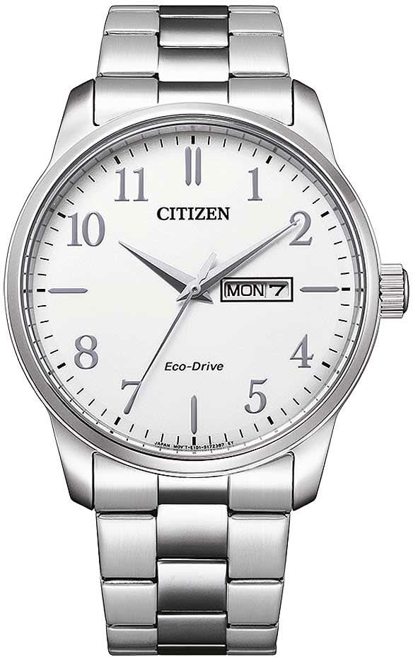 Reloj Citizen BM8550 con correa de metal plateado y esfera blanca