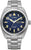Pulsera de hombre con esfera azul, correa de metal plateado y visualización de fecha