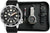 Reloj de hombre en estuche, correa negra y caja plateada visible