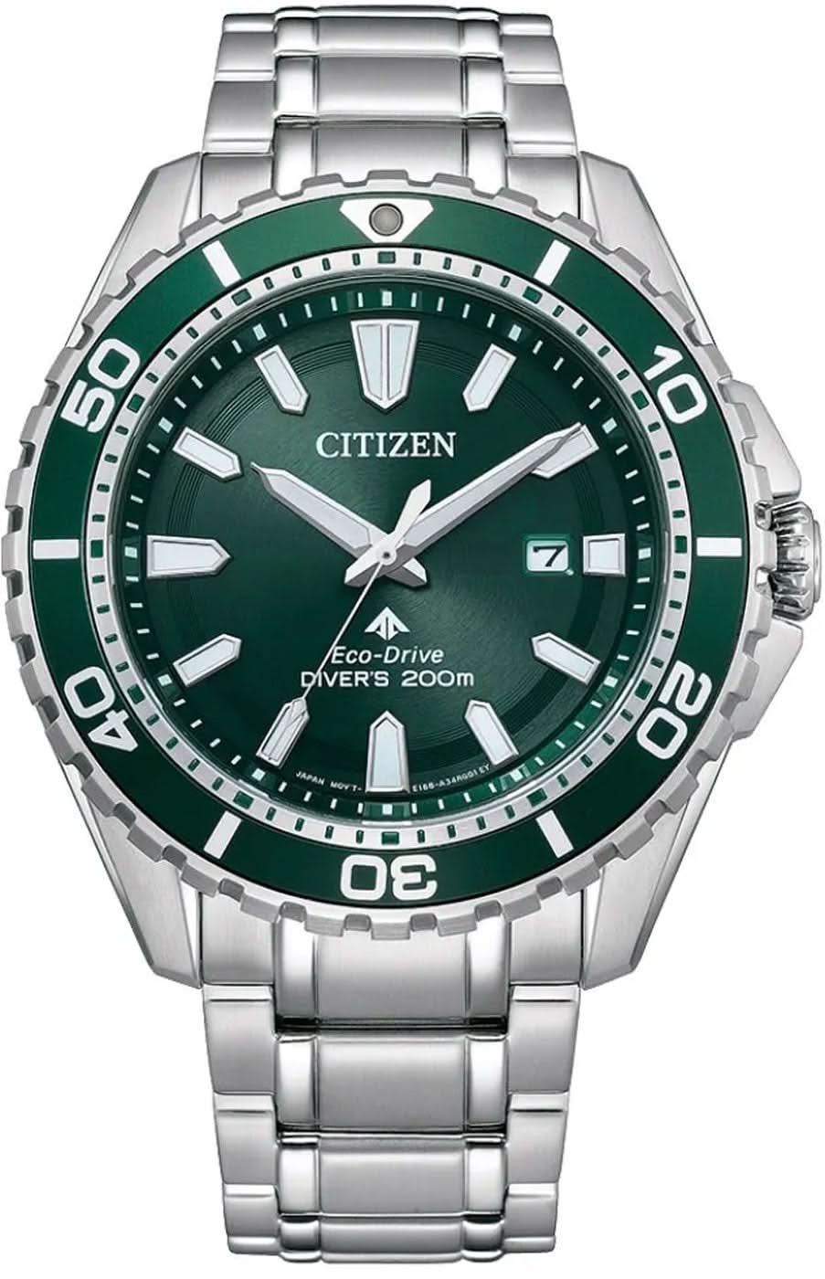 Reloj de hombre con esfera verde, manecillas y pulsera de acero inoxidable, caja redonda