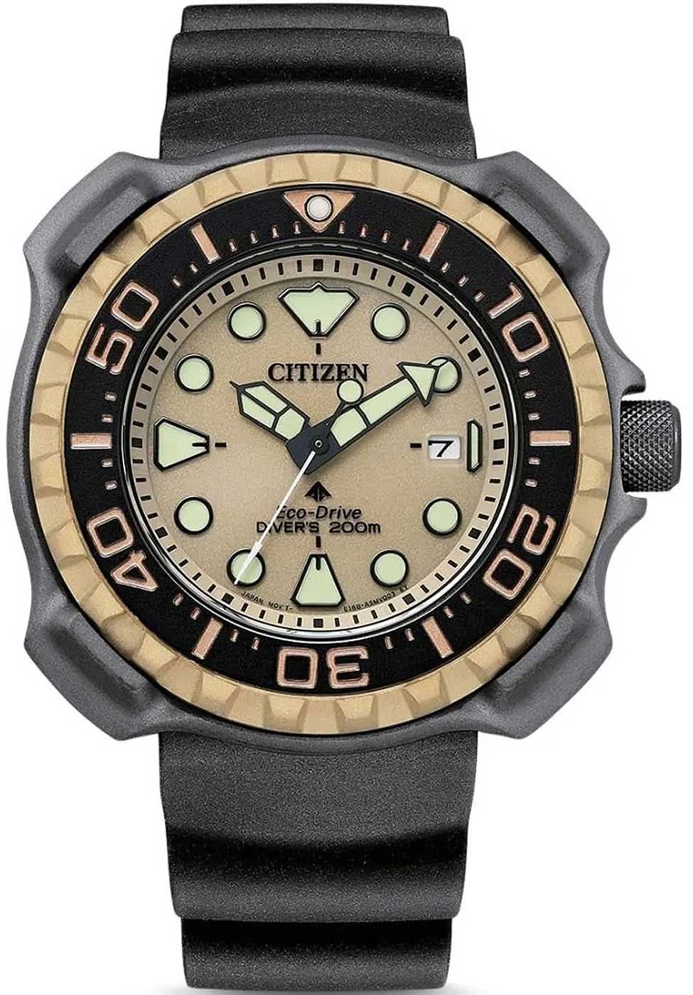 Pulsera de hombre con correa de silicona negra, bisel beige y esfera de color verde claro