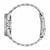 Reloj de mujer, vista lateral con corona estriada y correa de eslabones de acero inoxidable