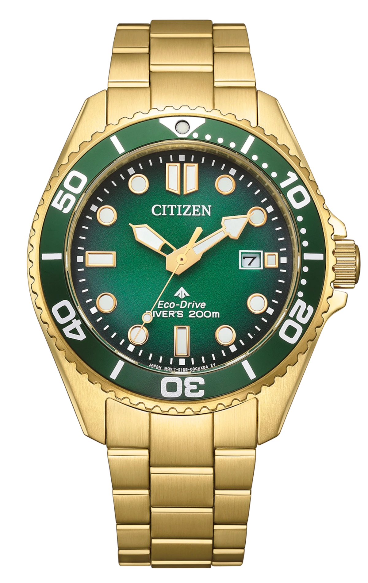 Reloj dorado para hombre con esfera verde, bisel de buceo y pulsera de metal